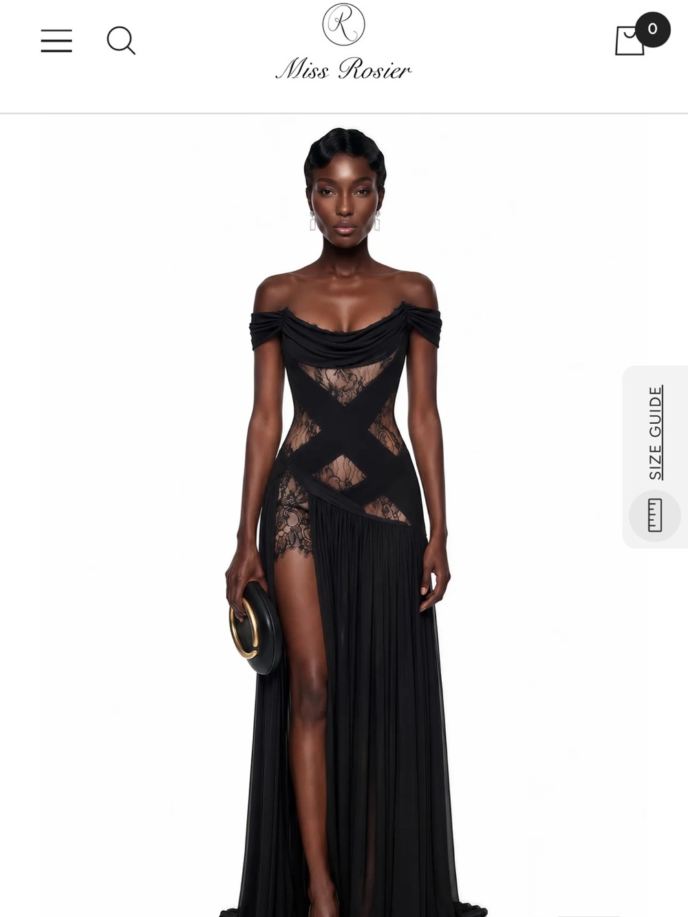 Miss Rosier Off-Shoulder Black Lace & Draped Gown